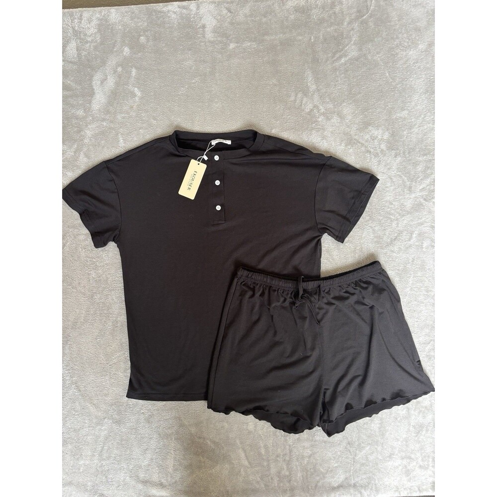 Pajama Set Womens Small Black Two-Piece Henley Top And Shorts NWT Soft Lounge